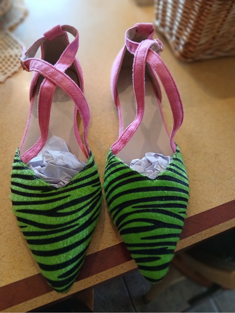 Green Zebra Pointed-Toe Flats with Pink Ankle Straps